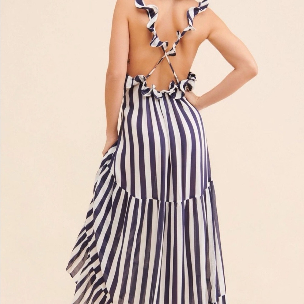 Anthropologie Ruffle Strap Maxi Stripe Dress, Color: Blue, Size: M